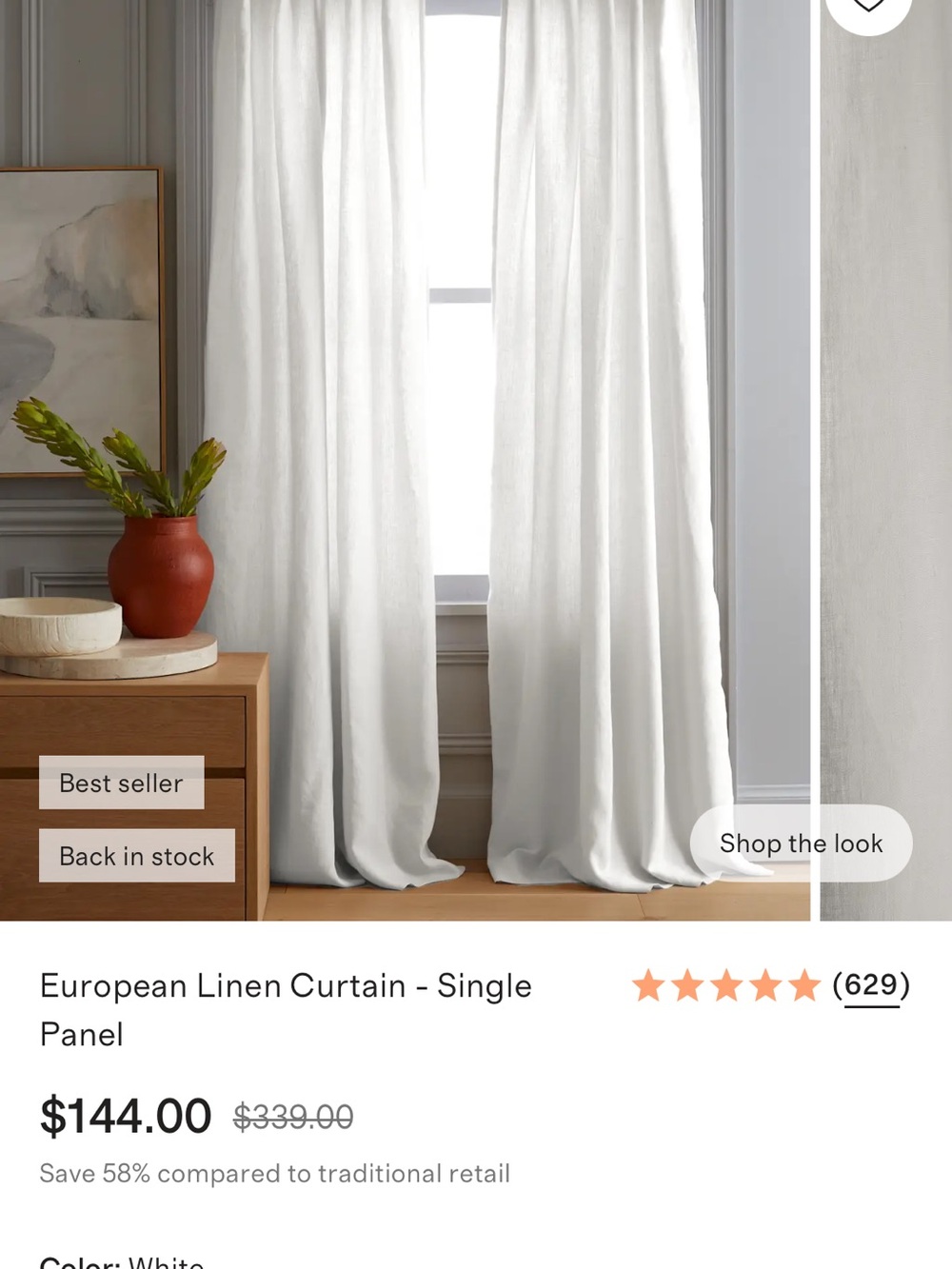 Quince white Linen Curtain Panel in White. Brand new!